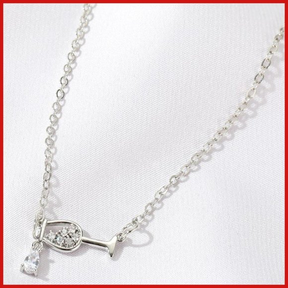 Silver Wine Glass 8 White CZ 1 Teardrop Solitaire Necklace 2" Extender O Link - Picture 4 of 5